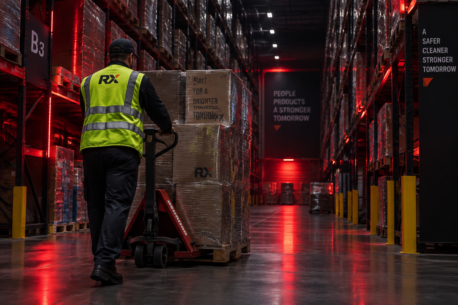 Logistiker mit Hubwagen in einem dunklen Lager mit rotem Licht