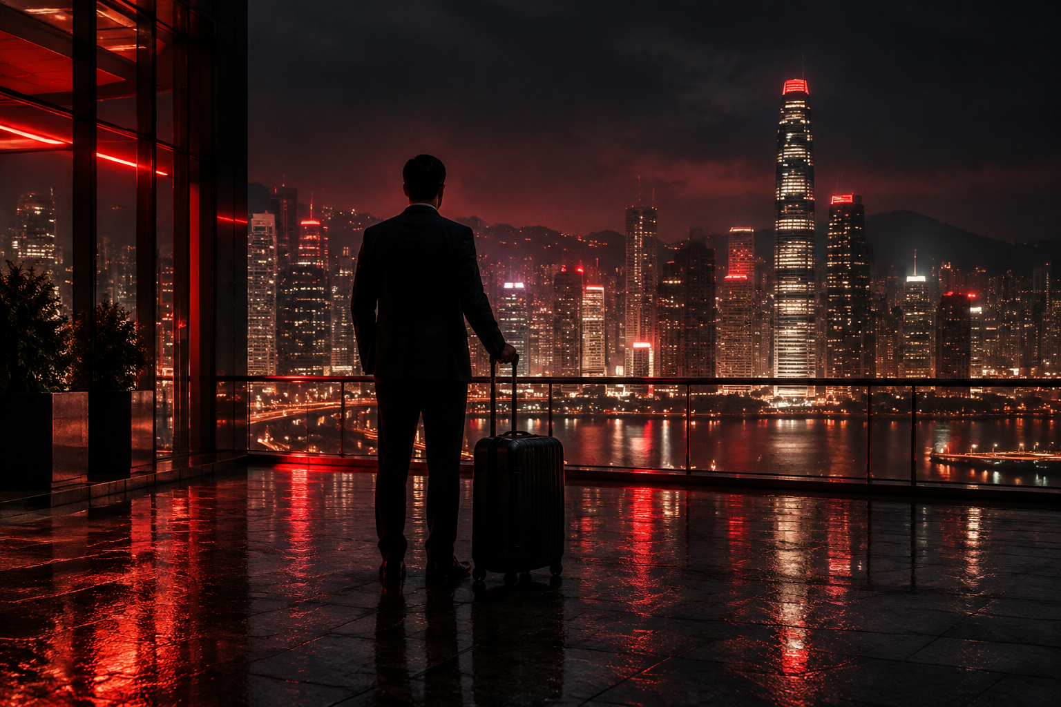 Reisender mit Koffer vor der Skyline einer Stadt bei Nacht